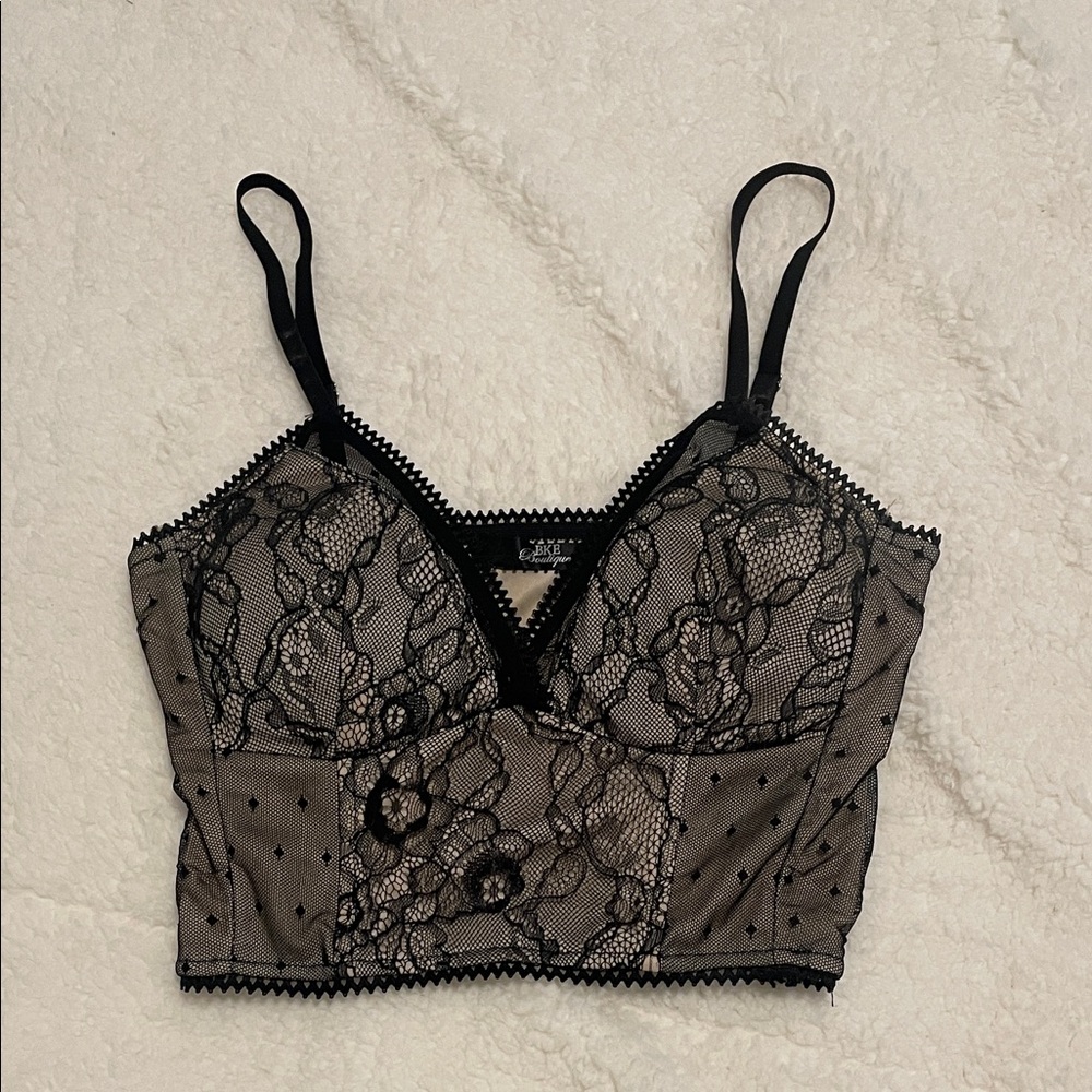BKE Boutique Black Tan Lace Sheer Crop Top Corset Style Going Out Summer Top - Picture 3 of 10